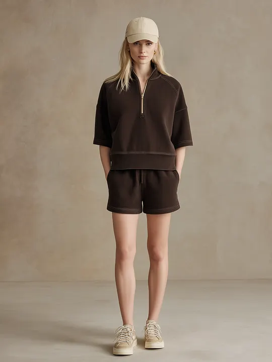 Women’s Coffee Brown Half Zip Stand Collar Elbow Sleeve Sweatshirt & Drawstring Pocket Shorts Two-Piece Tracksuit Set