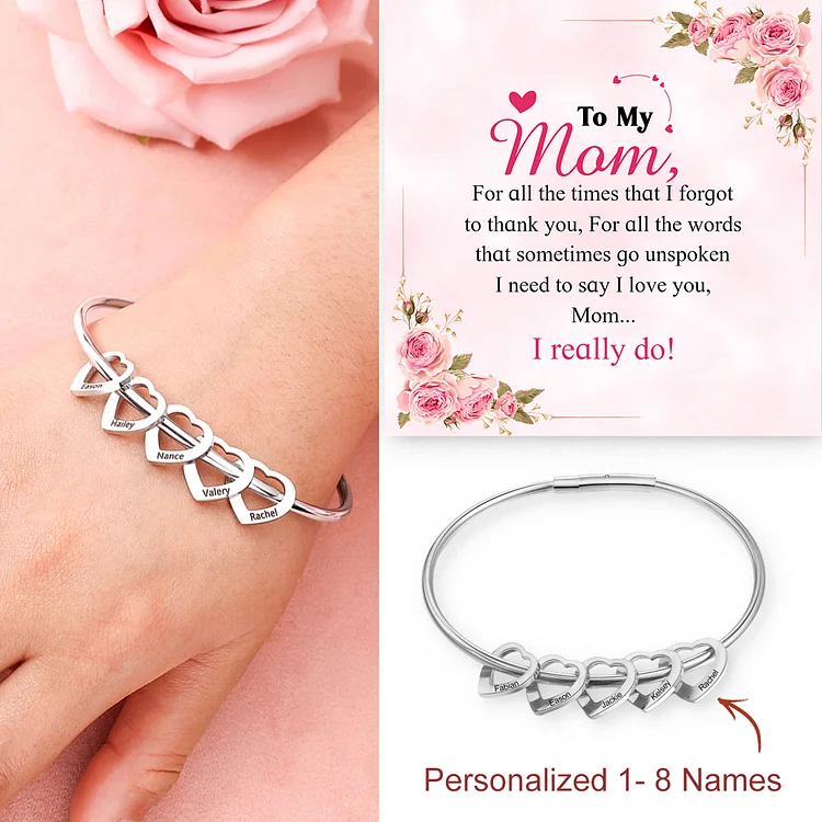 Engraved Personalized Bangle Bracelet with 5 Names with 5 Heart Shape Pendant Gift for Mother