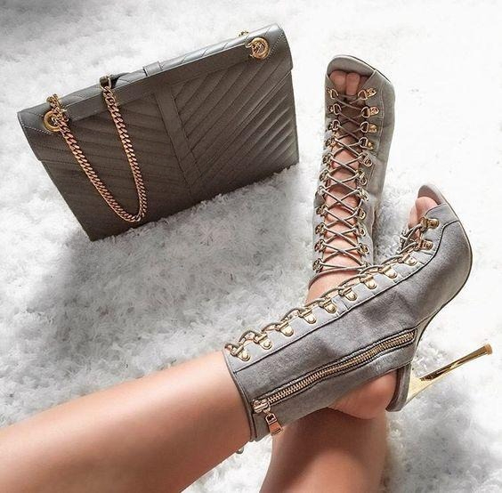 VCSHOES Lace Up Cut Out Side Zipper Stiletto High Heel Ankle Boot Sandals