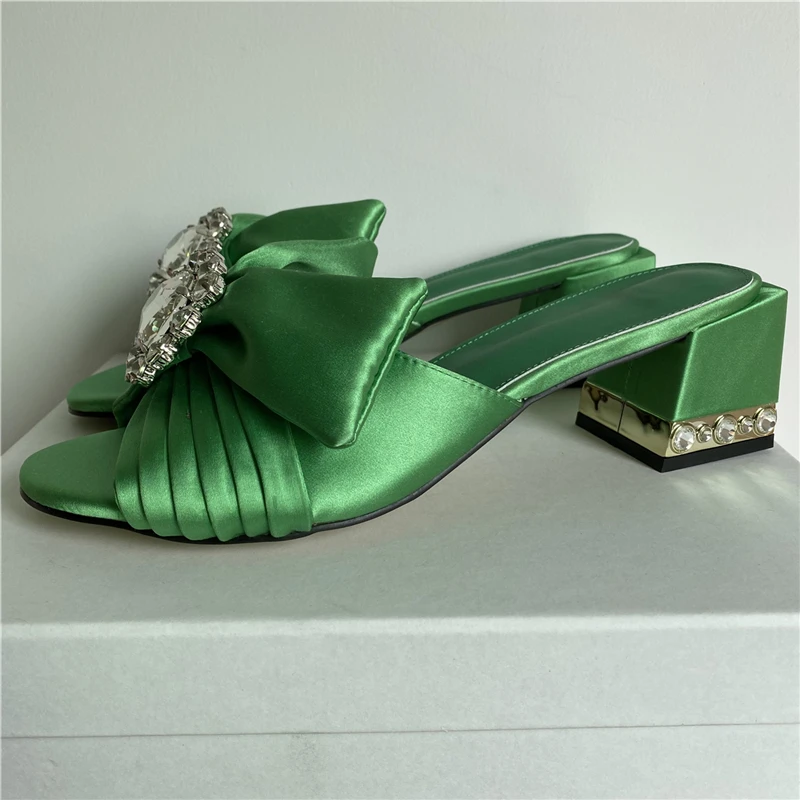 TAAFO Pleated Satin Butterfly-knot Sandals For Girls Women Jeweled Crystal Square Heel Slingbacks Diamond Rhinestone Mules Lady 