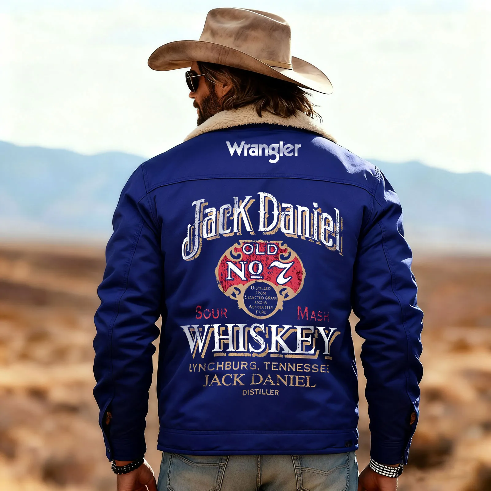 Classic Western Jacket With Distressed Whiskey Label Design