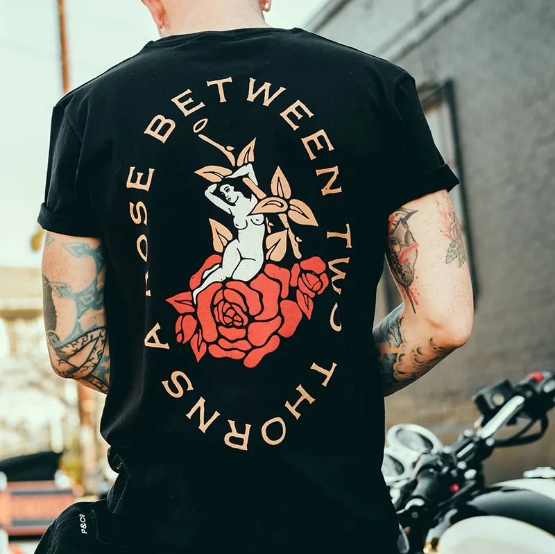 Retro rose girl print short sleeve t-shirt -  