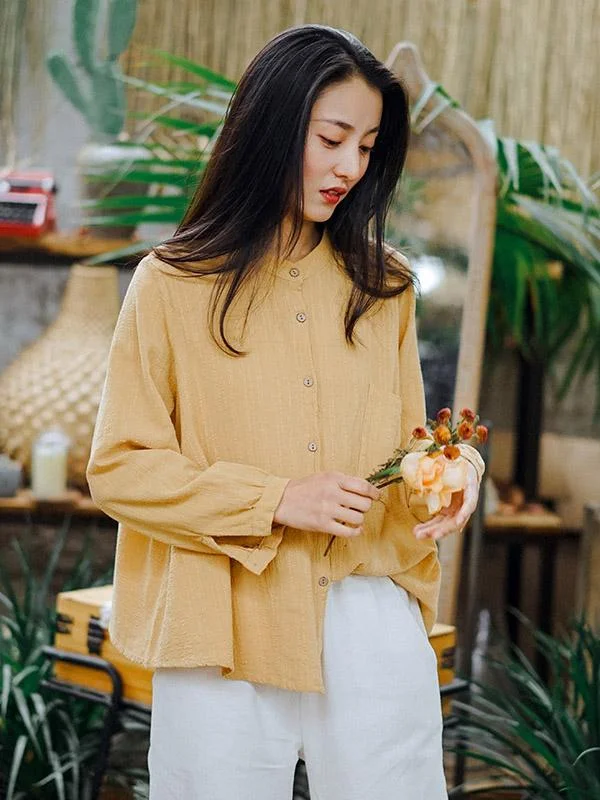Solid Loose Pleated Stand Collar Shirt