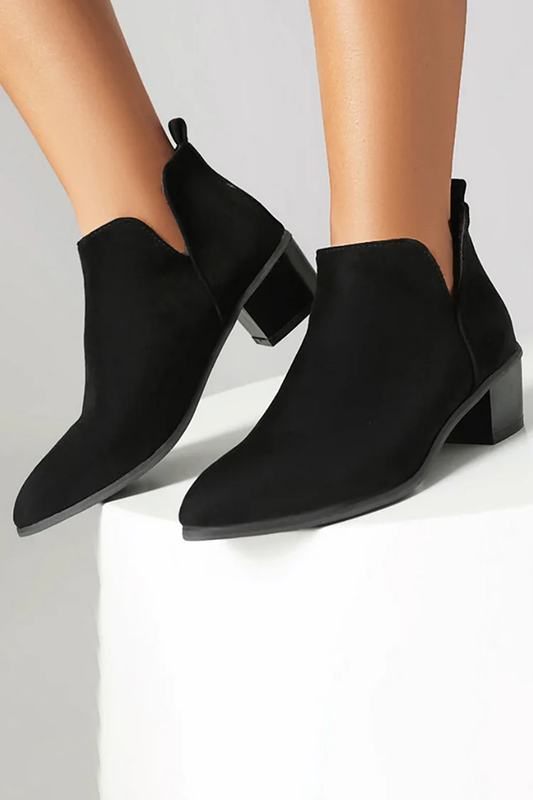 Faux Leather Side V Cut Pointy Toe Pull On Ankle Boots