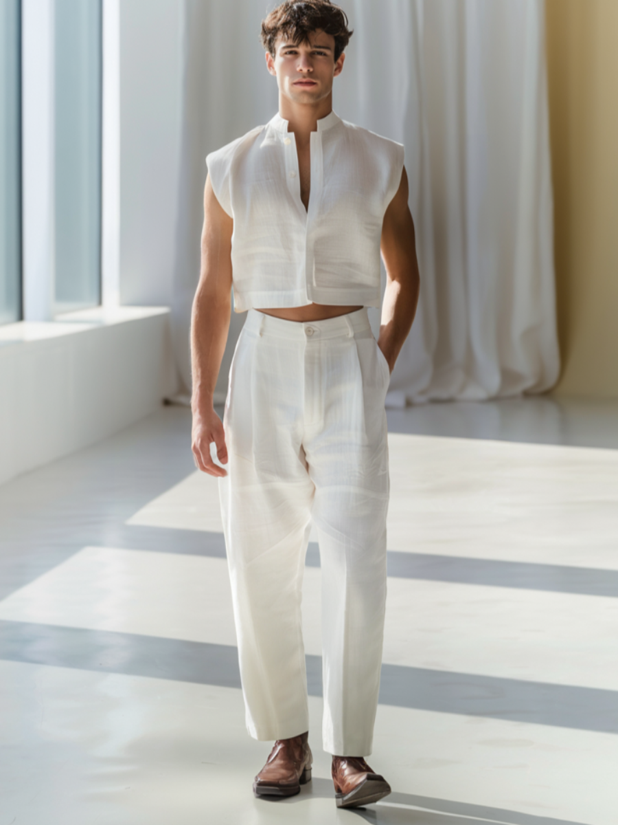 Men's Suit 100% Mens Linen Suit - Fabric Short sleeve shirt & pants – Snow WhiteWalking Leisure Suit main image 0
