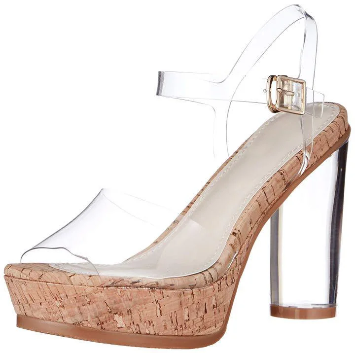 Cork Platform Sandals with Chunky Heels - Clear Vdcoo