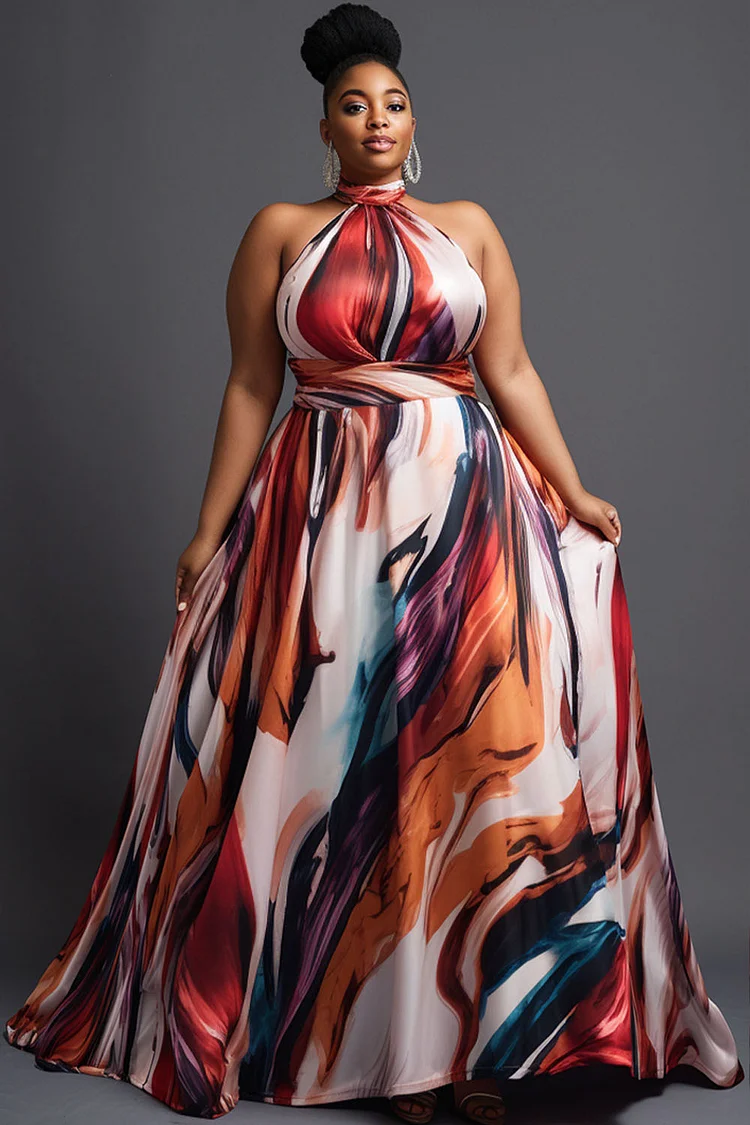 Xpluswear Design Plus Size Vacation Sundress Elegant Multicolor All Over Print Halter Collar Satin Maxi Dresses