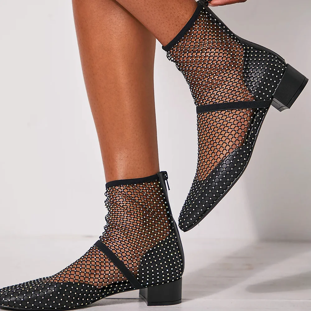 Black Mesh Pointed-toe Rhinestone Ankle Boots with Chunky Heel Nicepairs