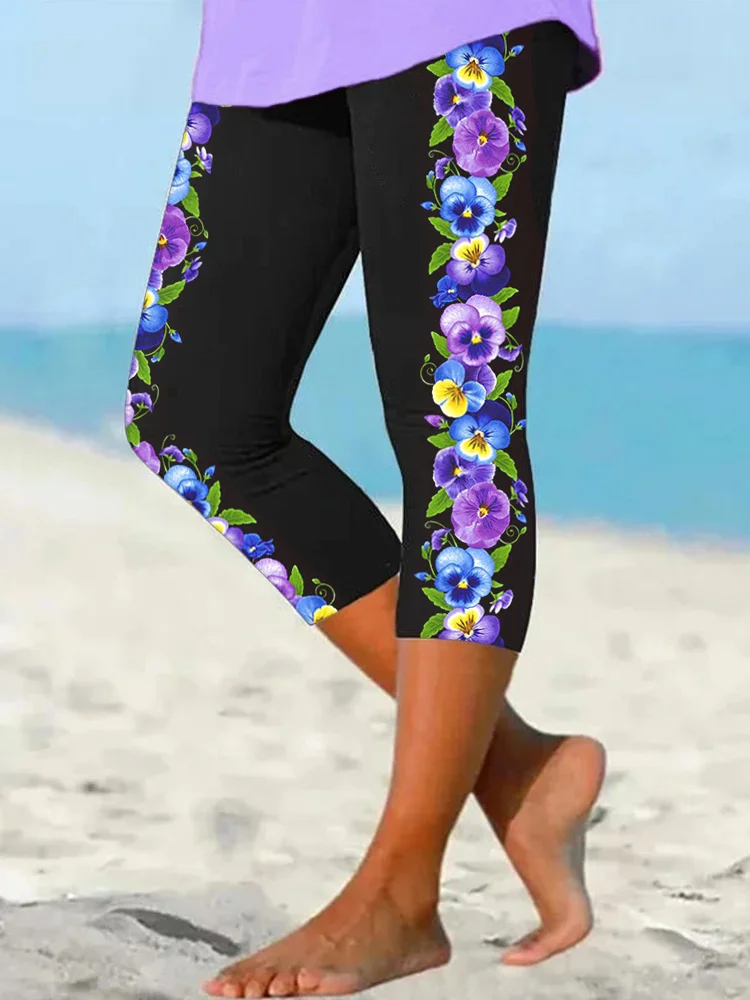 Comstylish Pansy Flower Print Casual Cozy Stretch Leggings