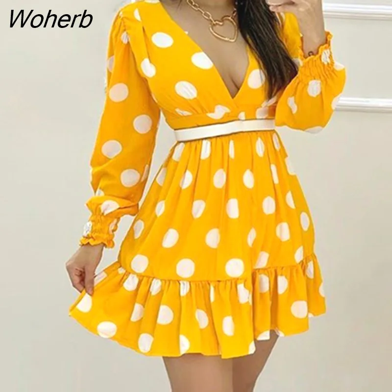 Woherb Women V-Neck Plunge Polka Dots Shirring Design Ruched Ruffles Casual Dresss Summer Dress Mini Elegant Dress