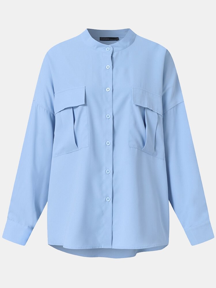 Solid Color Button Long Sleeve Stand Collar Blouse For Women P1807190