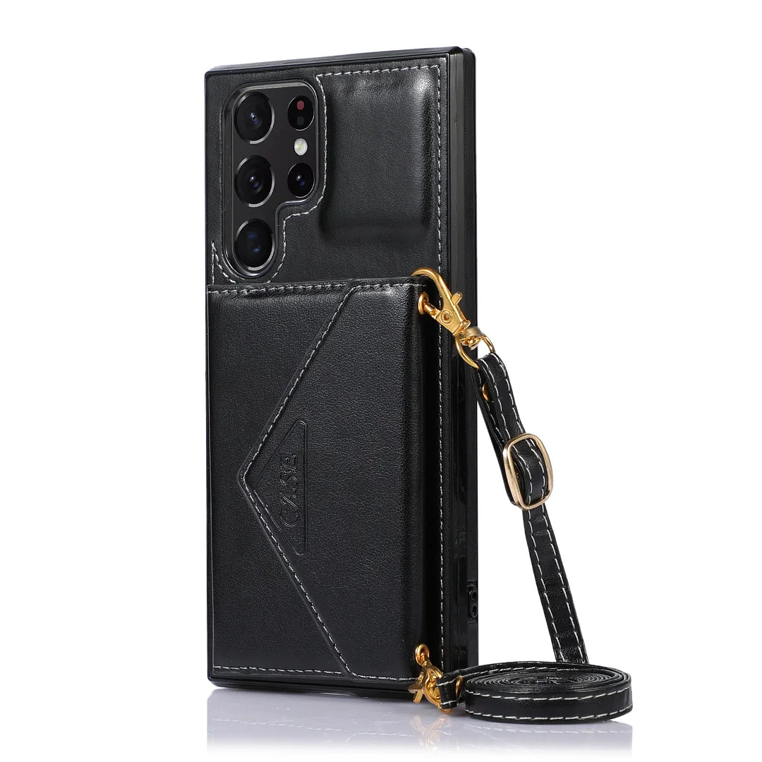 Triangle Crossbody Multifunctional Wallet Card Leather Case With Kickstand And Lanyard For Galaxy S22/S22+/S22 Ultra/S23/S23+/S23 Ultra