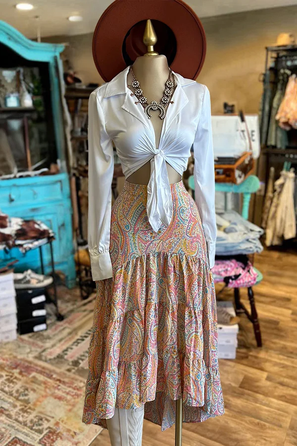 Vintage Floral Print Ruffle Long Skirt