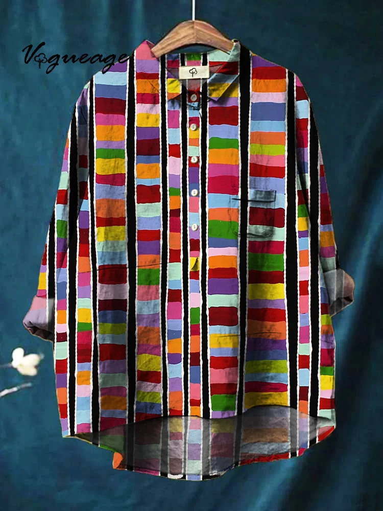Fashion Horizontal Line Stitching Printed Cotton And Linen Shirt