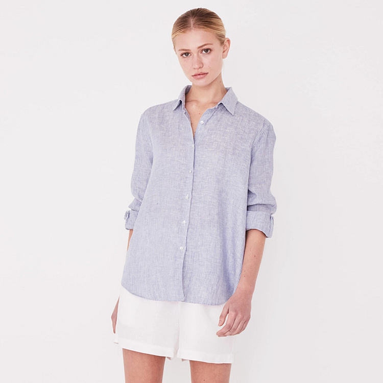 Pinstripe Long Sleeve Womens Linen Shirt-ChouChouHome