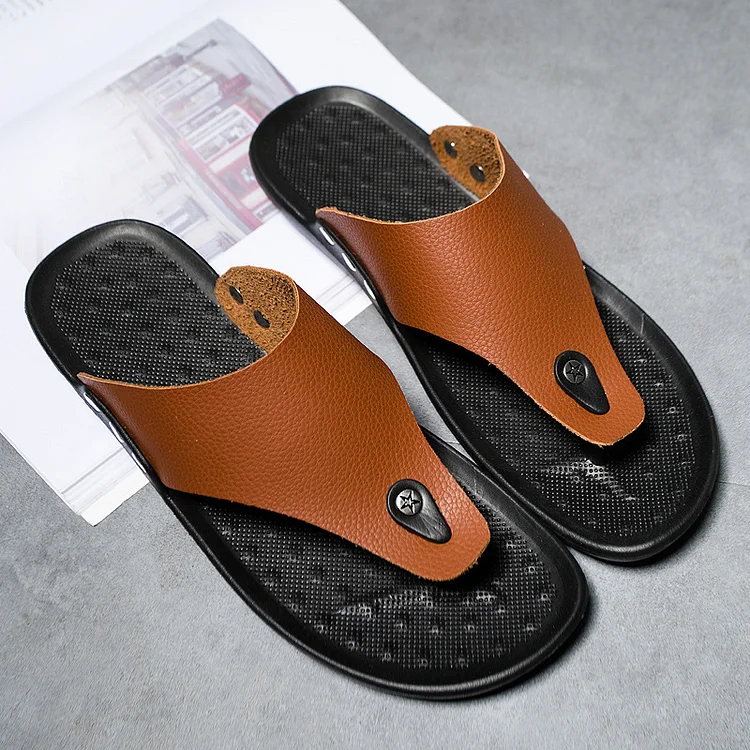 Men's Beach PU Leather Clip Toe Slippers
