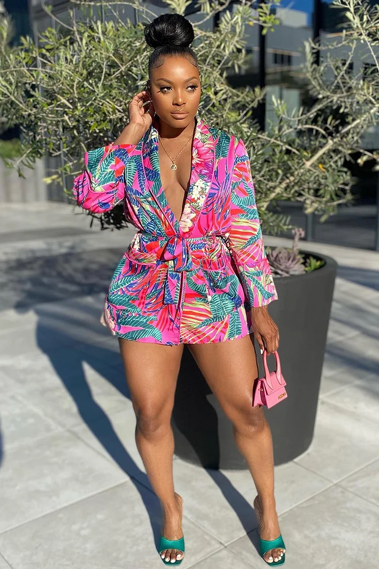 Deep V Neck Long Sleeve Tied Up Pocket Floral Print Blazer Jacket