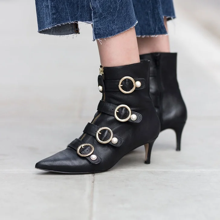 Black Pearl Buckles Kitten Heel Boots Fashion Ankle Boots with Zip |FSJ Shoes