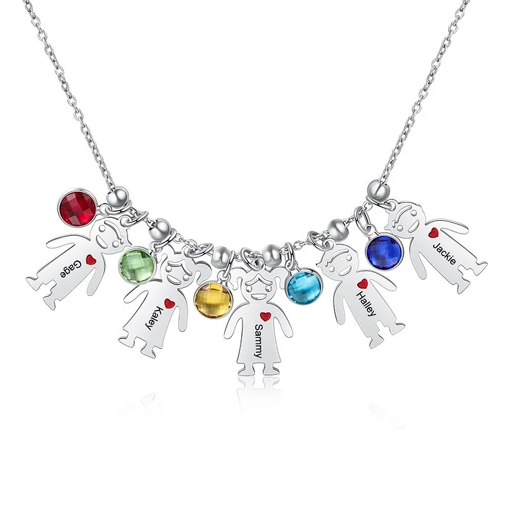 Mother Necklace with 5 Birthstones and Engraved Children Charms
