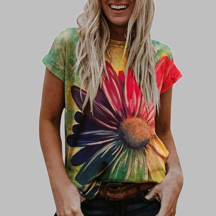Casual Oil Painting Daisy Print Short Sleeve T-Shirt