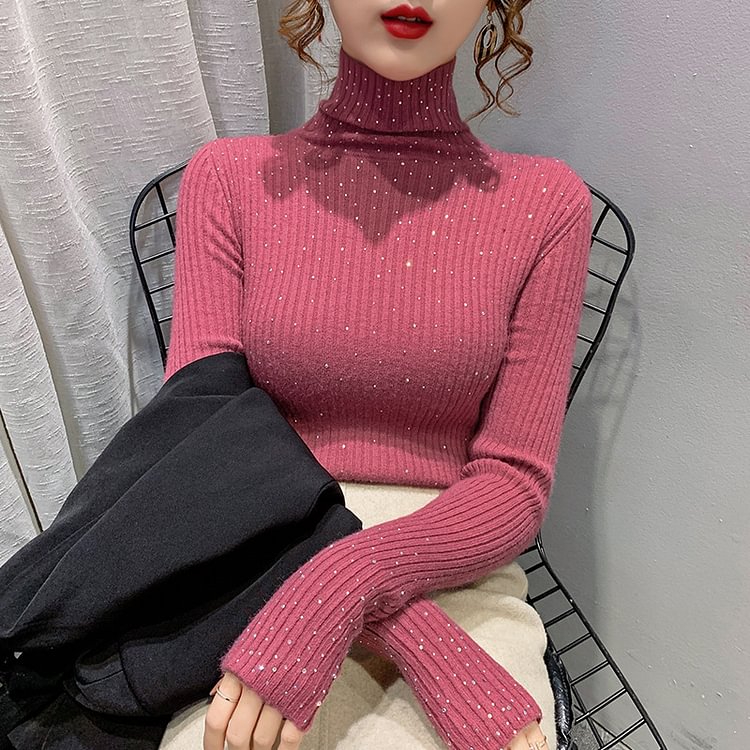 Beaded High Neck Long Sleeve Sweater P10183