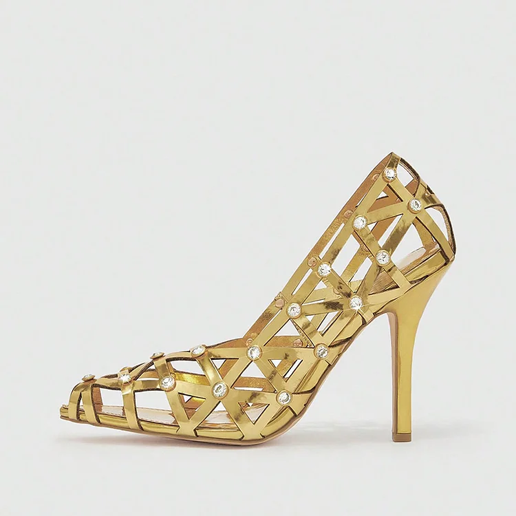 Women'S Gold Pointy Toe Heels Elegant Hollow Out Shoes Party Spool Heel Pumps |FSJ Shoes