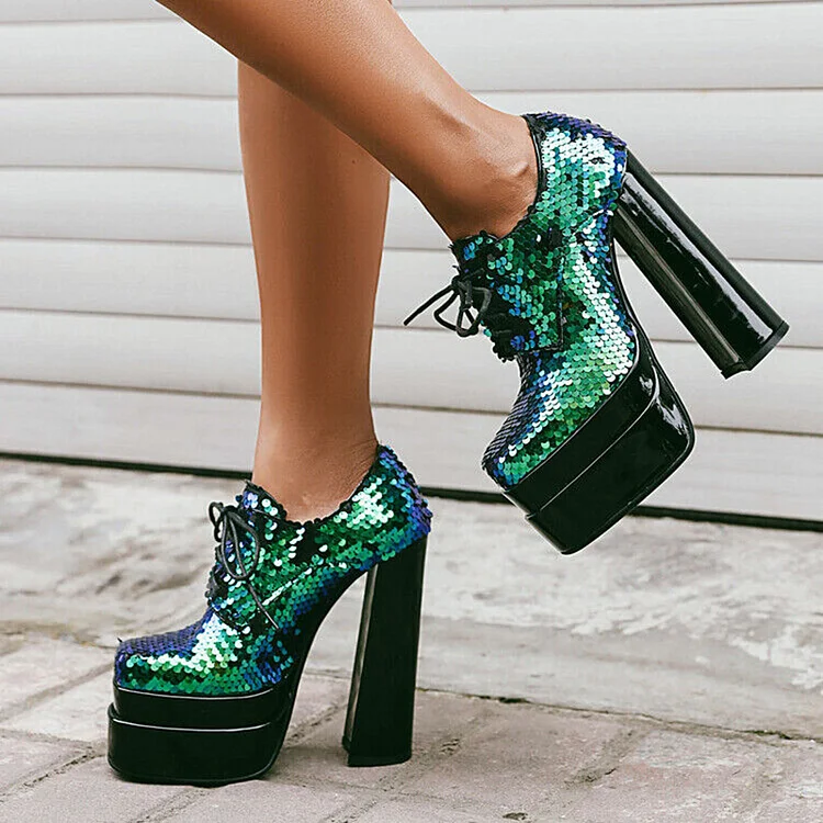 Green Square Toe Sequin Shoes Block Heel Lace Up Platform Ankle Boots |FSJ Shoes