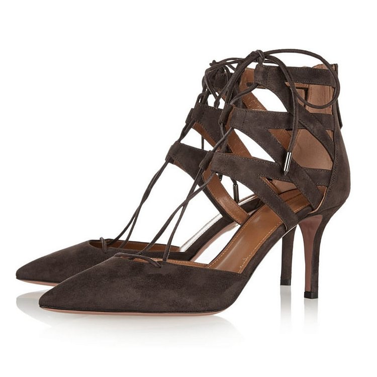 Dark Brown Lace up Heels Pointy Toe Suede Stiletto Heels Sandals |FSJ Shoes