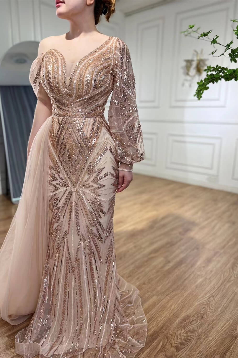 Dresseswow Champagne Long Sleeve Mermaid Prom Gown With Sequins Ruffles One Shoulder