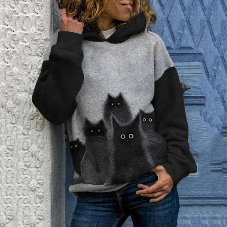Vefave Color Contrast Pet Cat Print Hoodie