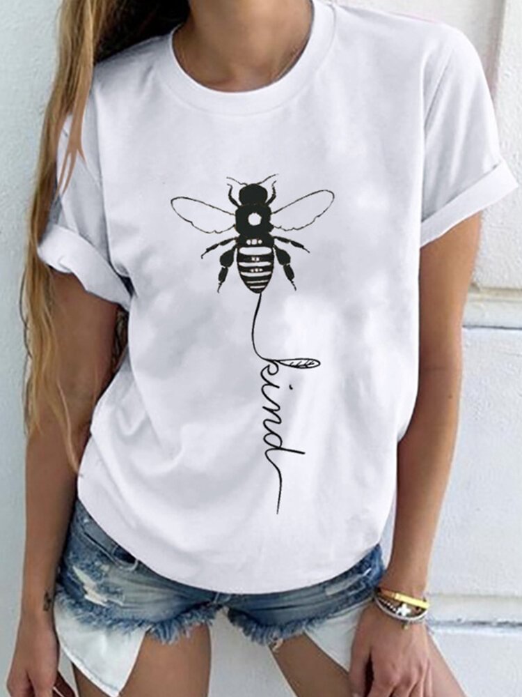 Bee Letter Print Short Sleeve Casual T shirt For Women P1668315