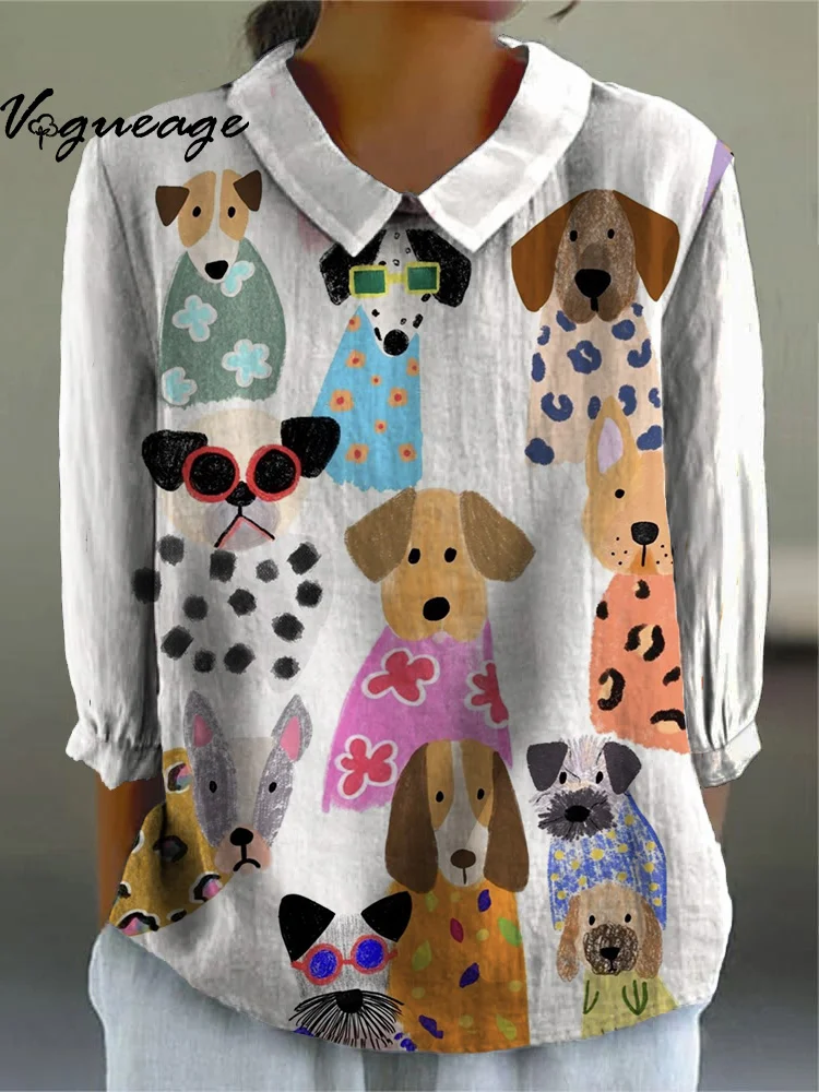Fashionable And Interesting Cute Puppy Printed Cotton And Linen Women Shirt