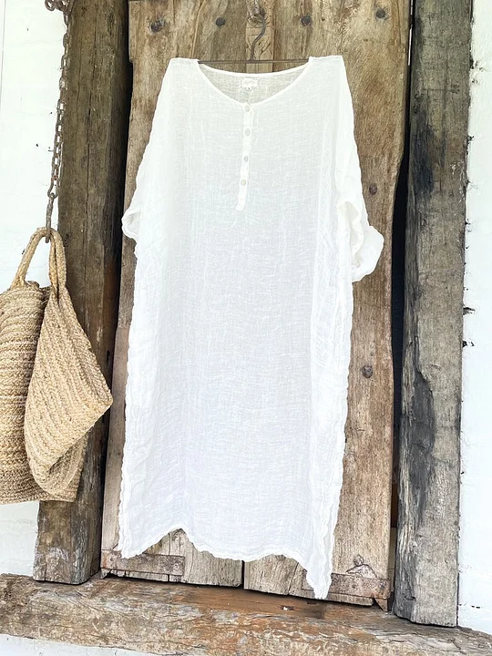 Solid Color Button Half Sleeve Linen Dress