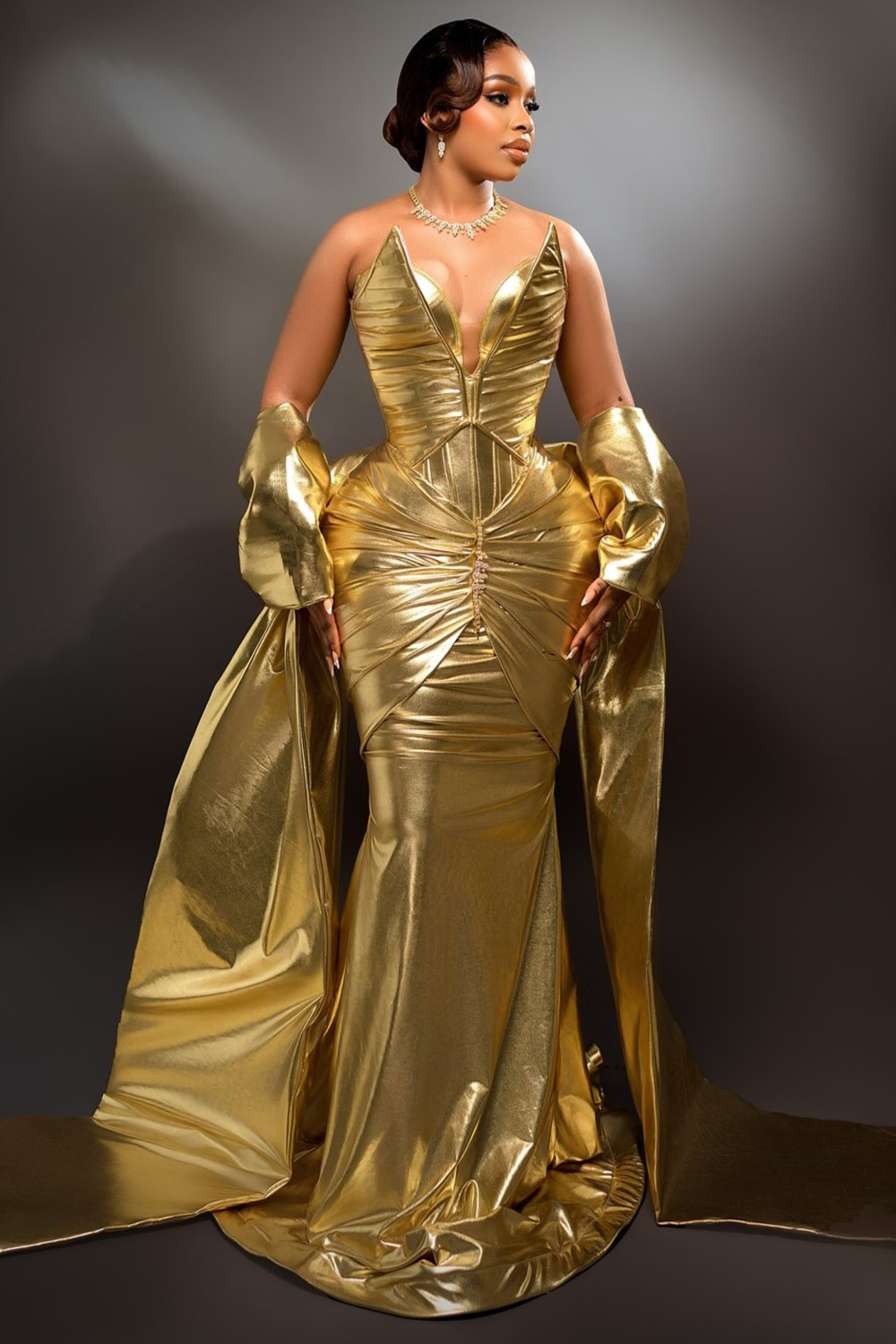 embellished fishtail maxi dress in gold Strapless V Neck Sash Metallic Party Dresses-Gold garden wedding