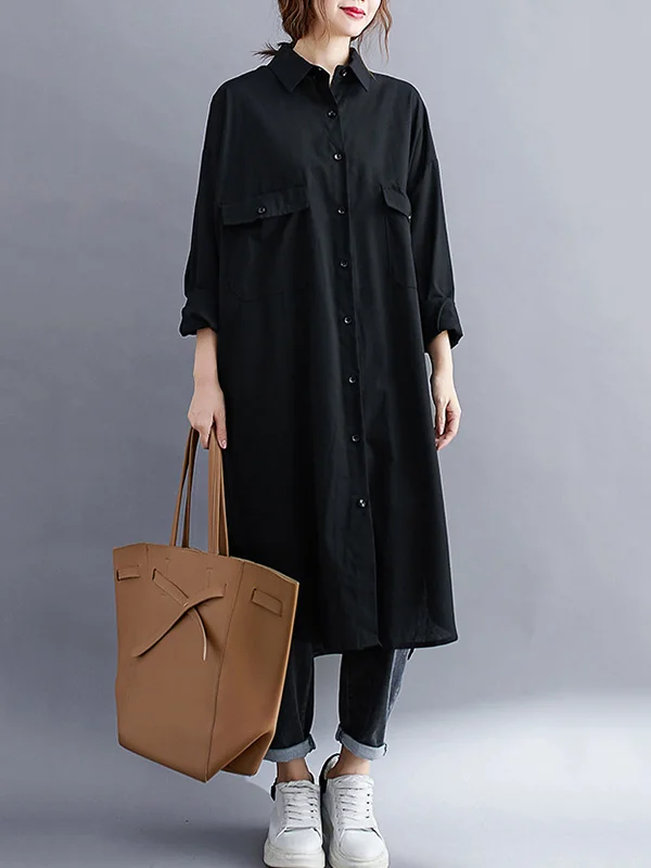 Causal White&Black Ramie Cotton Lapel Shirt Dress
