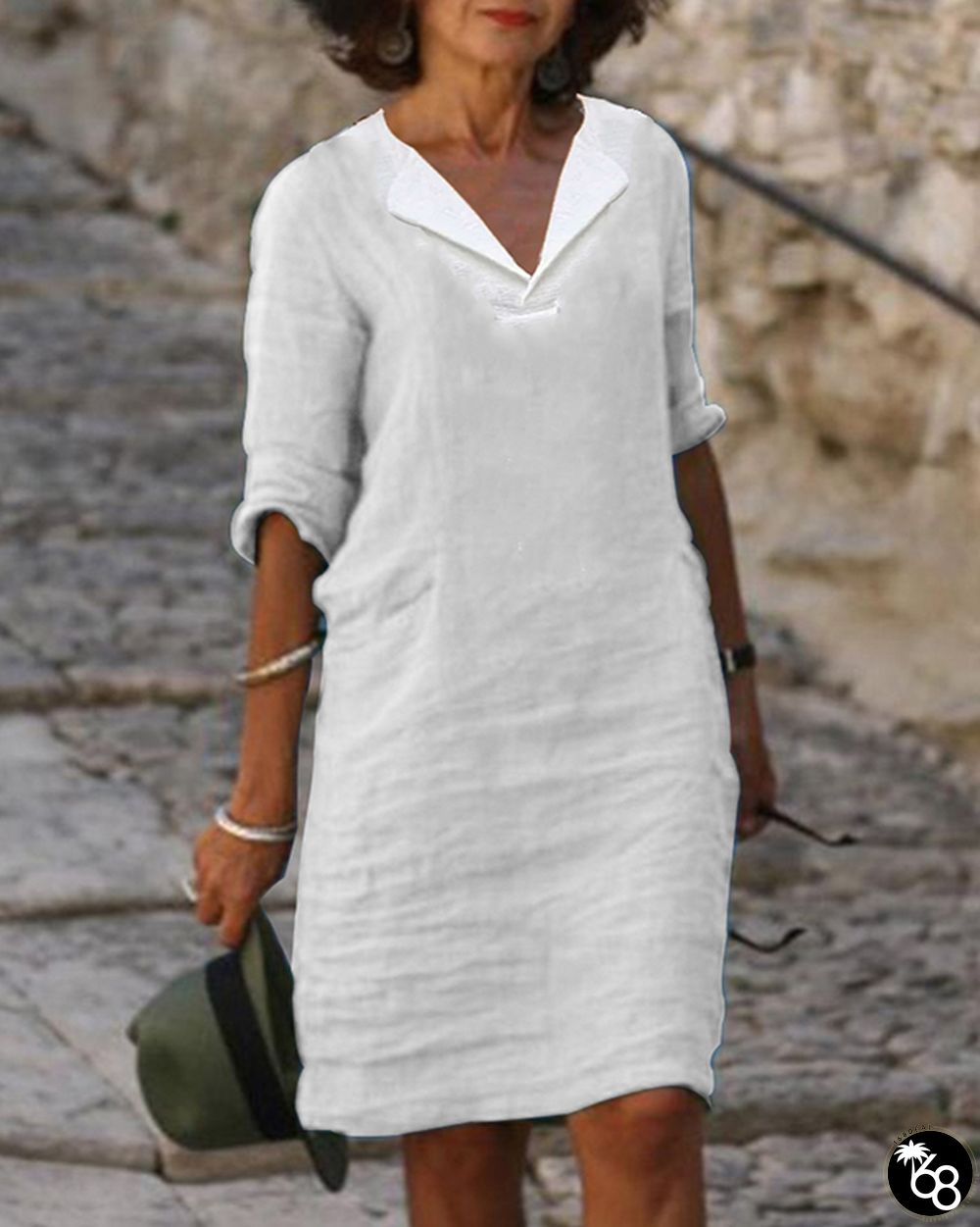 Casual Solid Color V-neck Cotton Dress | 168DEAL