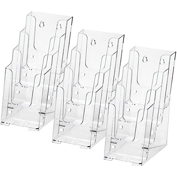 MaxGear Acrylic Brochure Holder 4-Inch Wide Tier Clear Literature Holder  Premium Acrylic Multi Pocket Display Stand, Wall Mount or Counter Top Use(3  Pack)