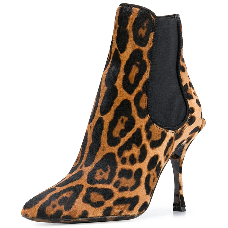 Brown Leopard Print Closed Pointed Toe Side Elastic Panel Ankle Boots |FSJ Shoes