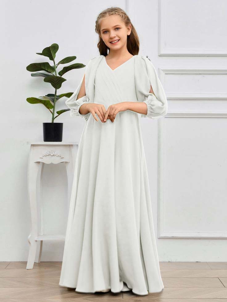 Daisda Long Sleeves V-Neck Junior Bridesmaid Dress With Pleated