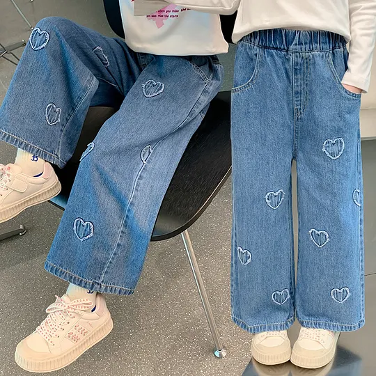【18M-7Y】Girls' Straight-Leg Heart Casual Denim Pants