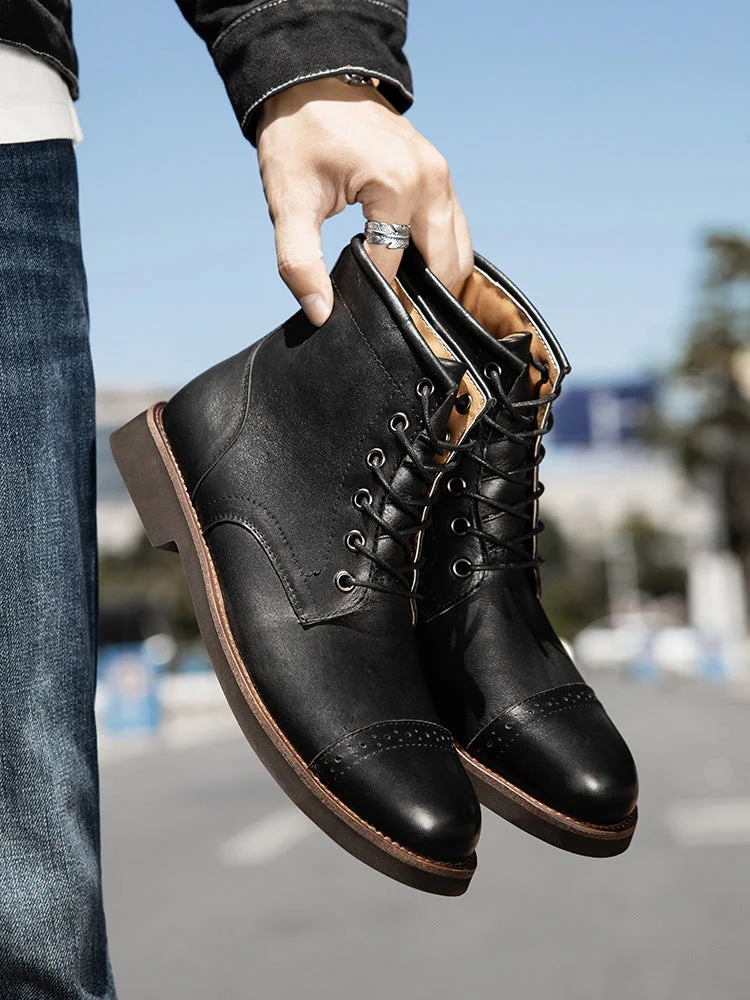 High-top men's retro handmade motorcycle boots