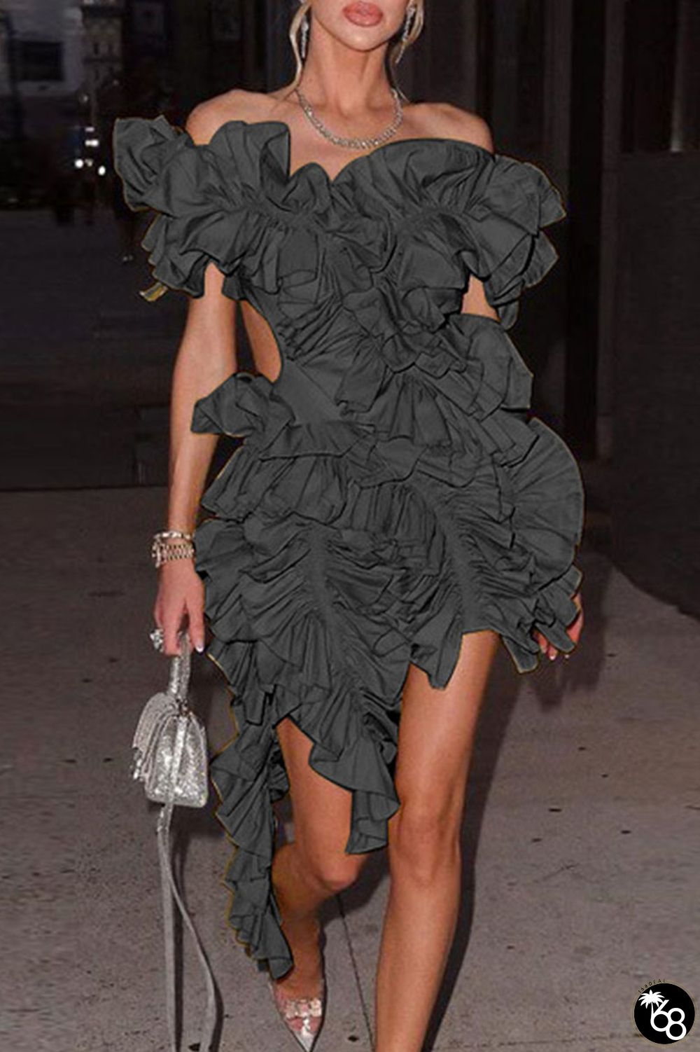 Black Sexy Solid Patchwork Stringy Selvedge V Neck Irregular Dress Dresses | 168DEAL