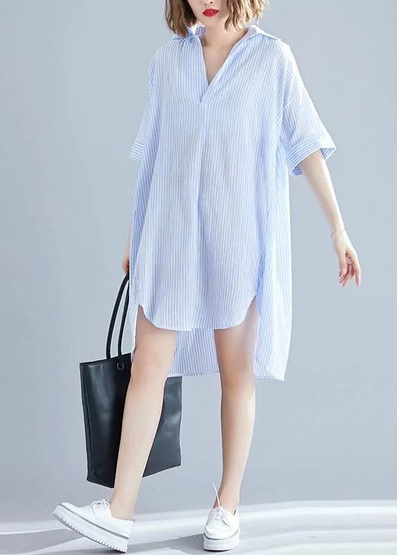 Classy lapel asymmetric linen dress boutique Fashion Ideas blue striped Knee Dresses Summer