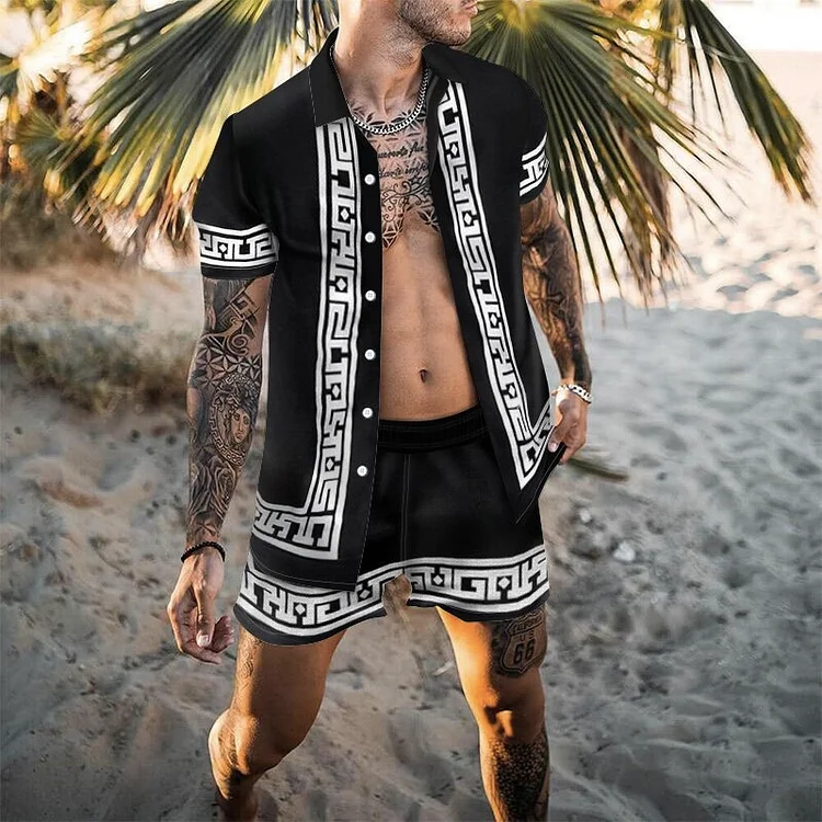 BrosWear Men Printed Casual Black Beach Shirt And Shorts Two Piece Set