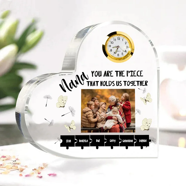 Personalized Heart Acrylic Clock Keepsake Engraved 6 Names Heart Photo Ornament Grandparents' Day Gift for Nana Grandma Mom