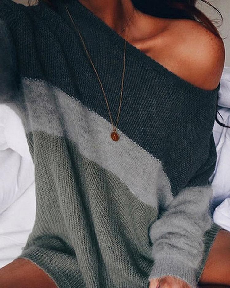 Colorblock Ribbed Boat Neck Drop Shoulder Sweater - Shop Trendy Women's Clothing | LoverChic
