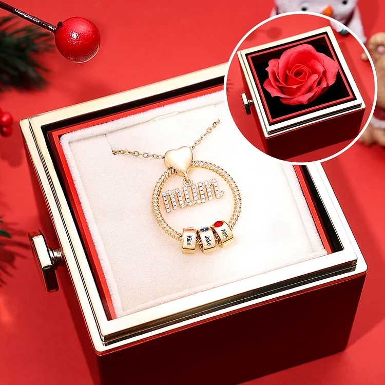 3 Names - Personalized Mum Circle Necklace Gift Set with Gift Box Custom Names & Birthstones Pendant Necklace Gift For Mum