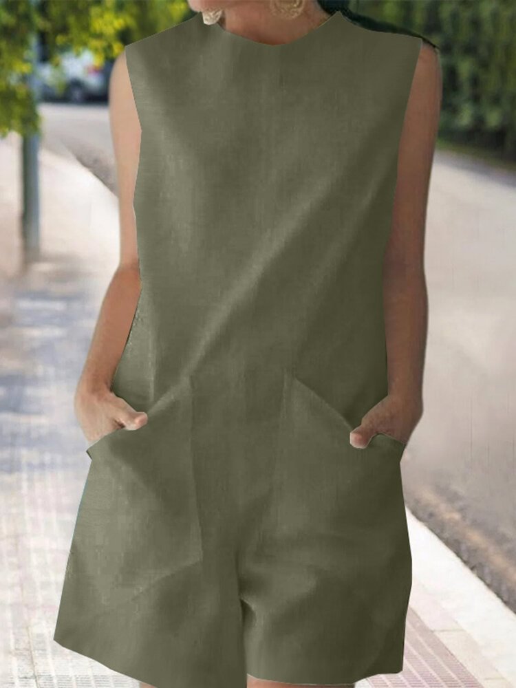 Solid Color Sleeveless O-neck Pocket Jumpsuit
