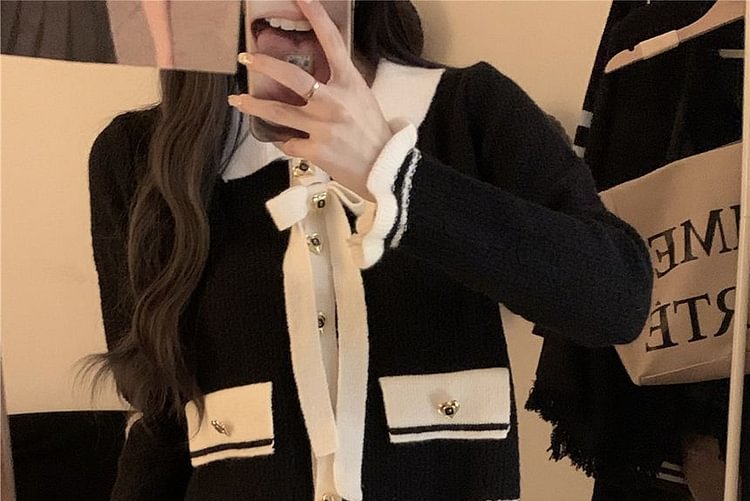 Long-Sleeve Color Block Ruffle Trim Knit Jacket E575