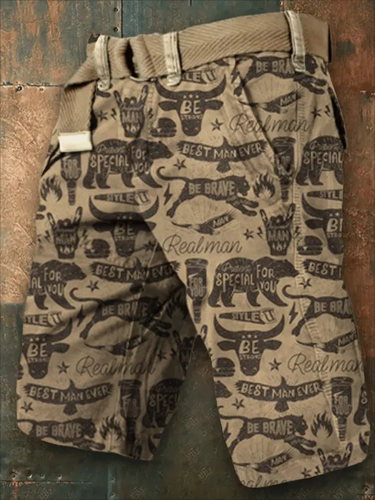 Men's Vintage Western Cowboy Print Denim Cargo Shorts